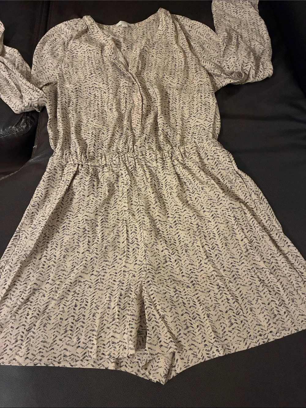 LOFT Cream Romper with Navy Blue Microprint Long Sleeve Size Medium